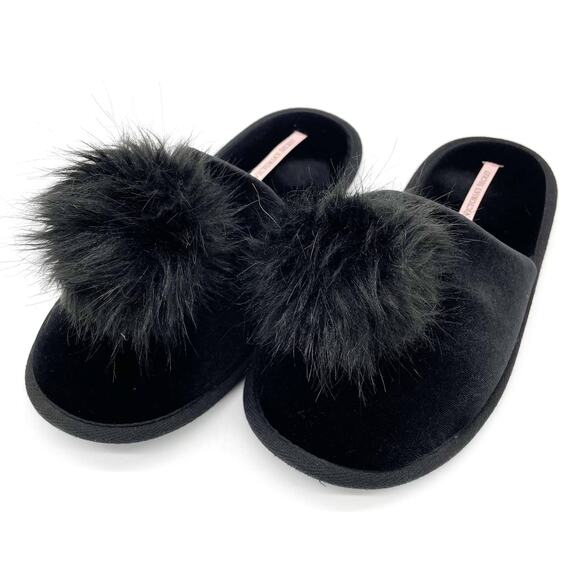 Victoria’s Secret Womens L Slide Slippers Velvet‎ Faux Fur Poof Soft Lounge Cozy - Picture 1 of 6